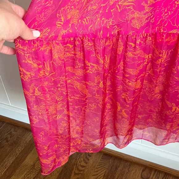 LARA. G. Silk Vibrant Pink Orange Sleeveless Smocked V-Neck Boho Maxi Dress - Picture 5 of 7